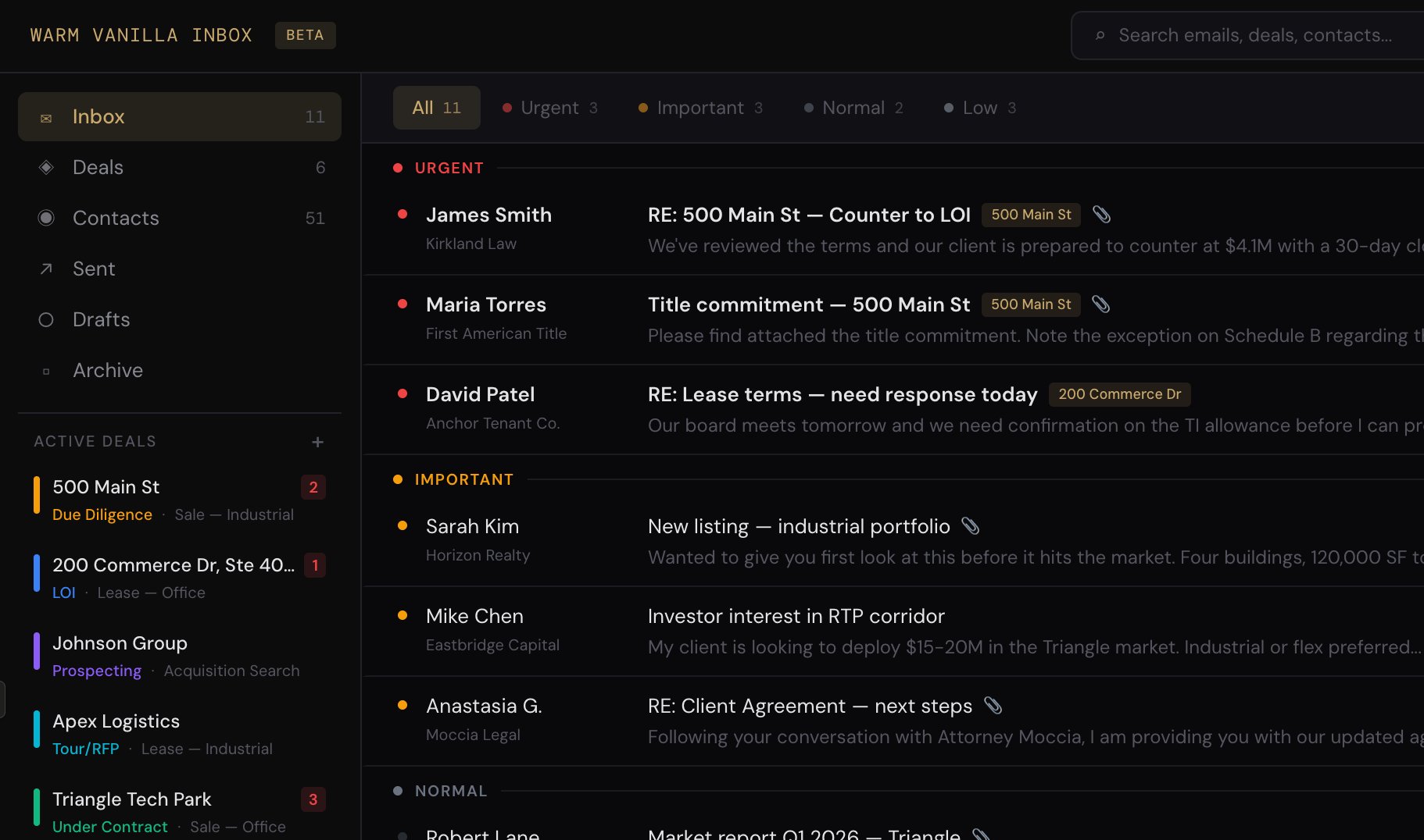 Warm Vanilla Inbox — deal-focused inbox for commercial real estate brokers