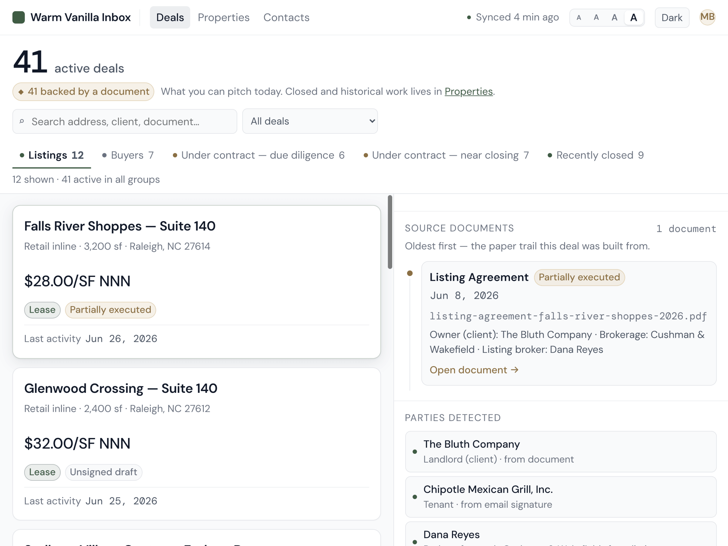 A deal in Warm Vanilla Inbox with a click-through to the executed document that created it