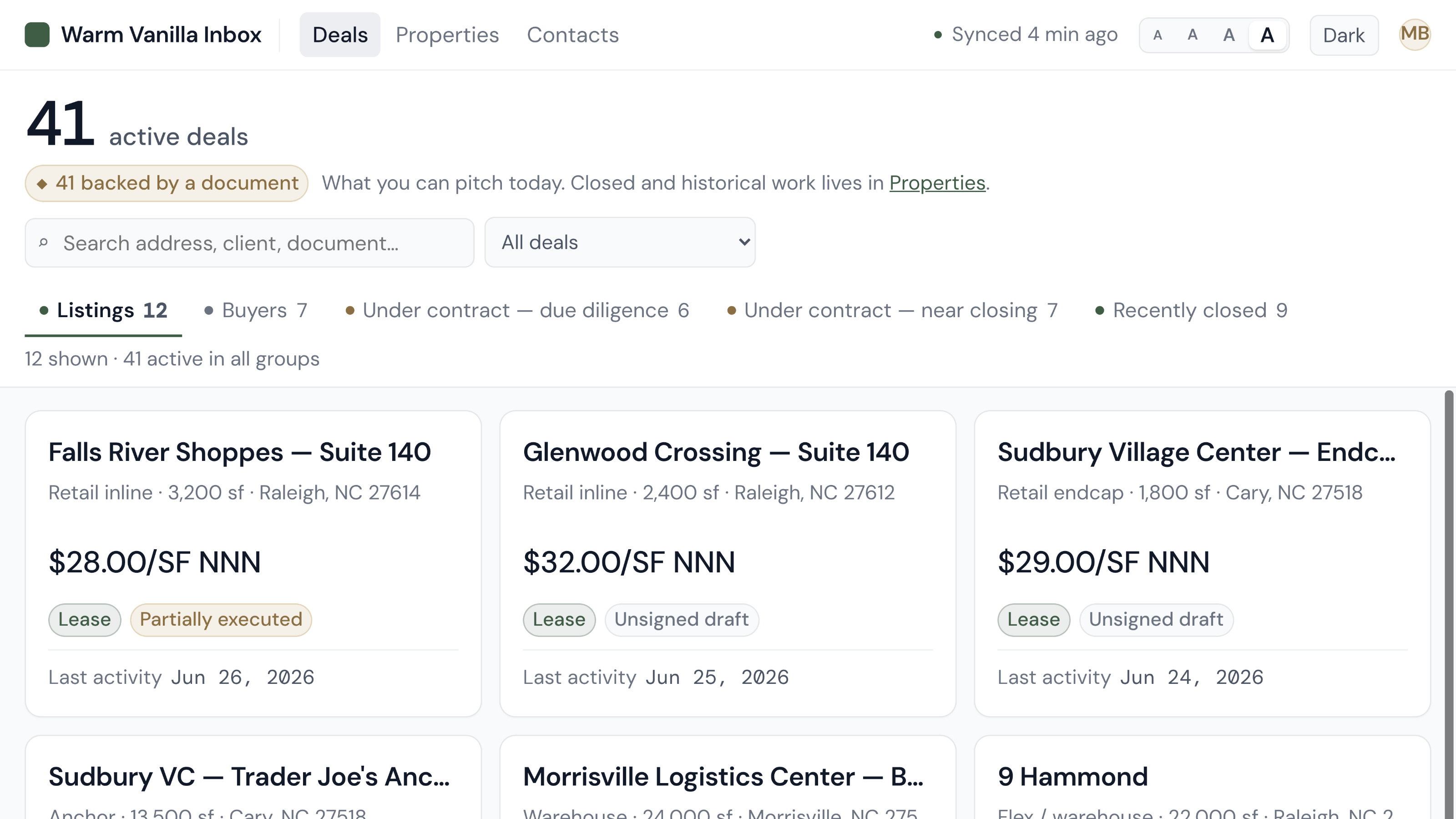 Warm Vanilla Inbox main app view: deals, clients, and properties surfaced from your inbox