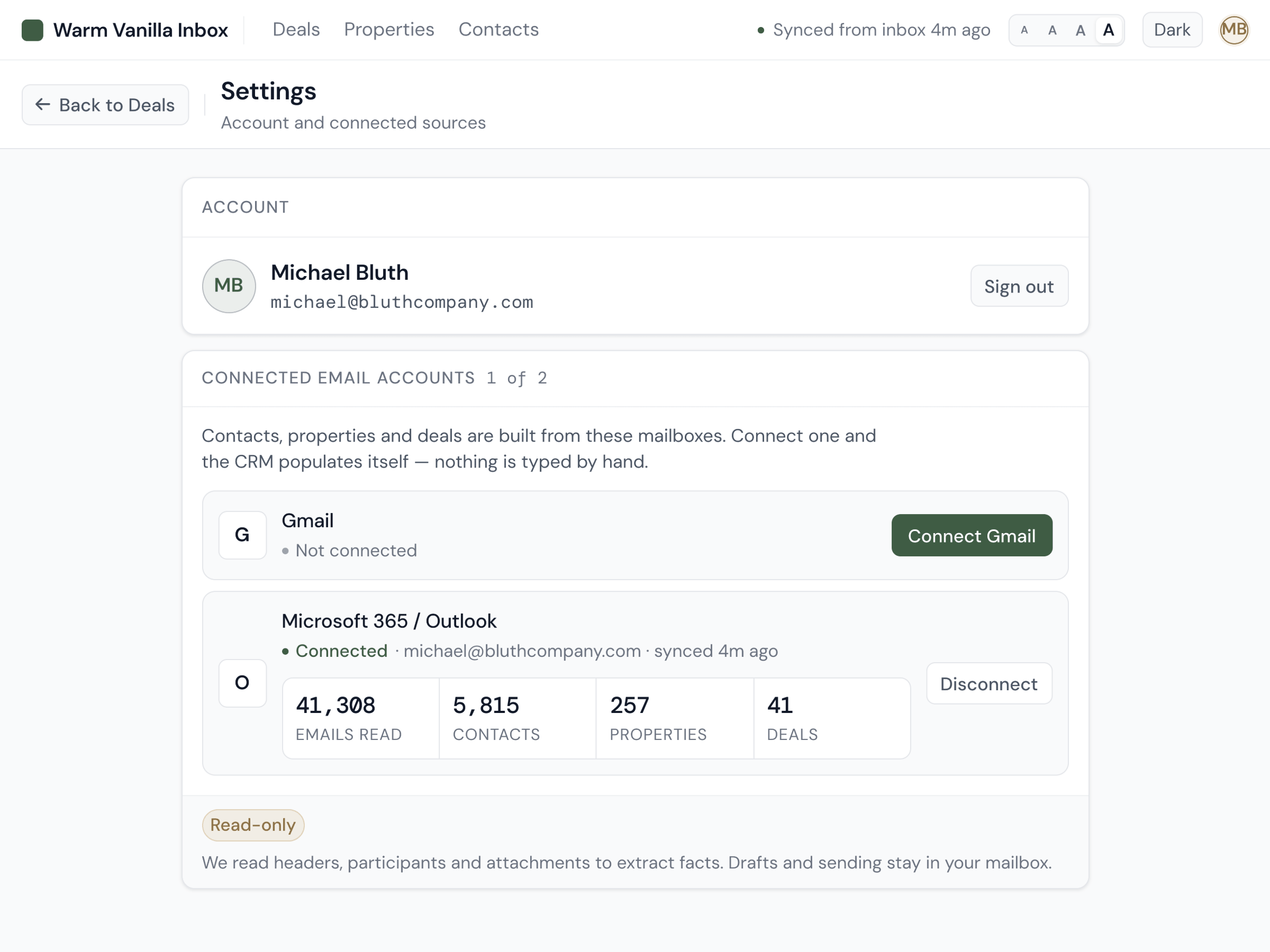 Warm Vanilla Inbox capture view: connected email and calendar accounts feeding the CRM automatically