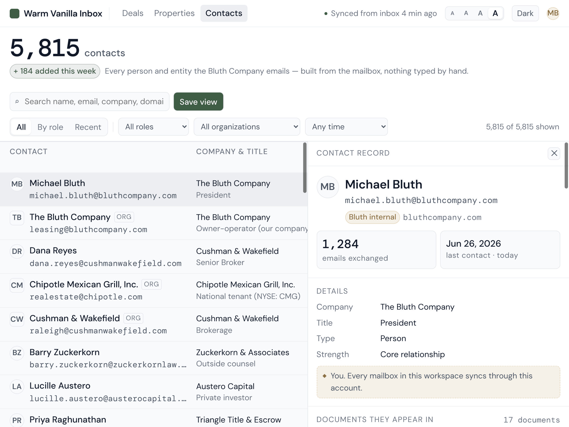 Warm Vanilla Inbox intelligence view: client relationships and connections across deals