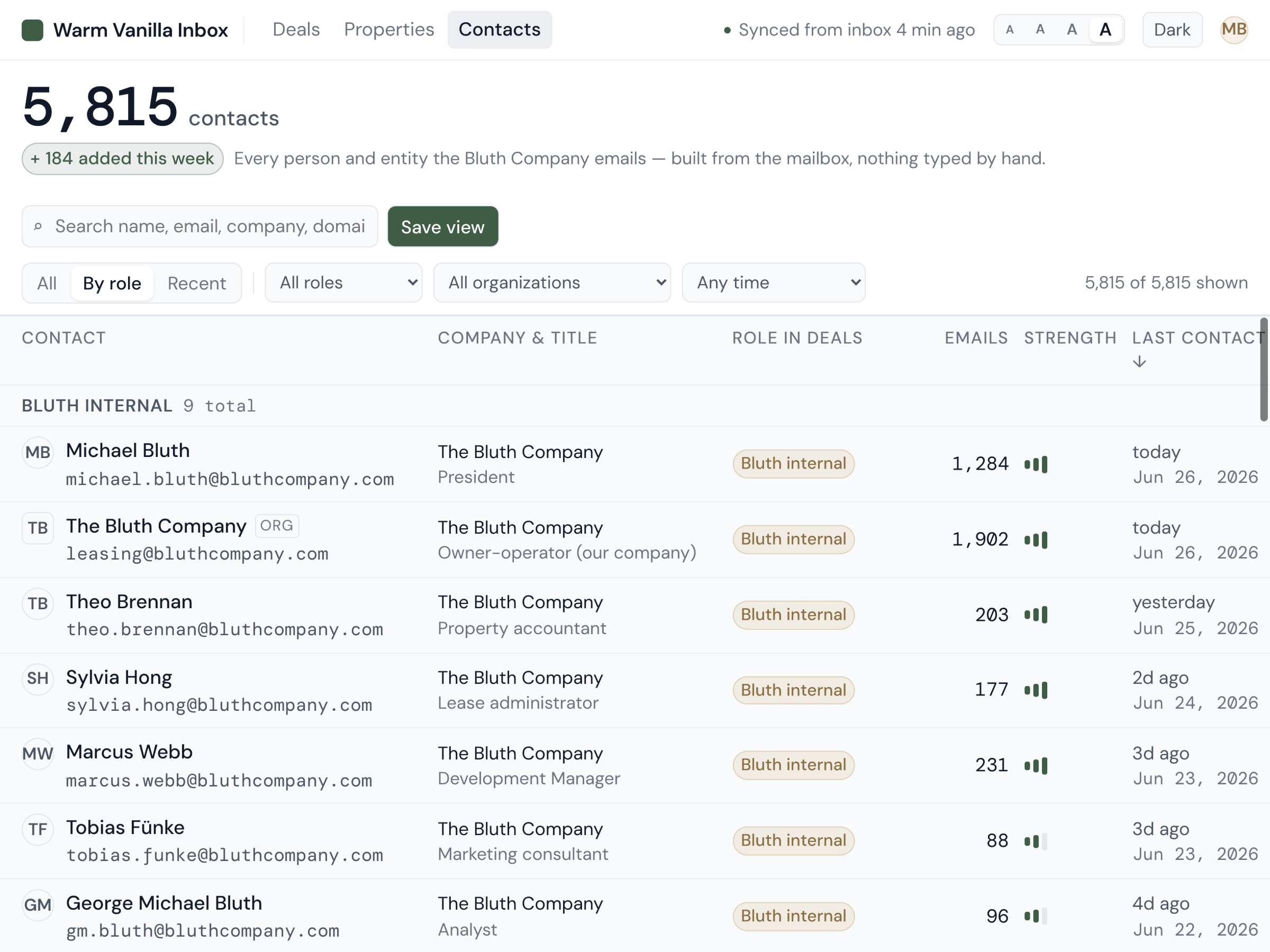 Warm Vanilla Inbox team view: shared brokerage workspace with private layer for personal notes
