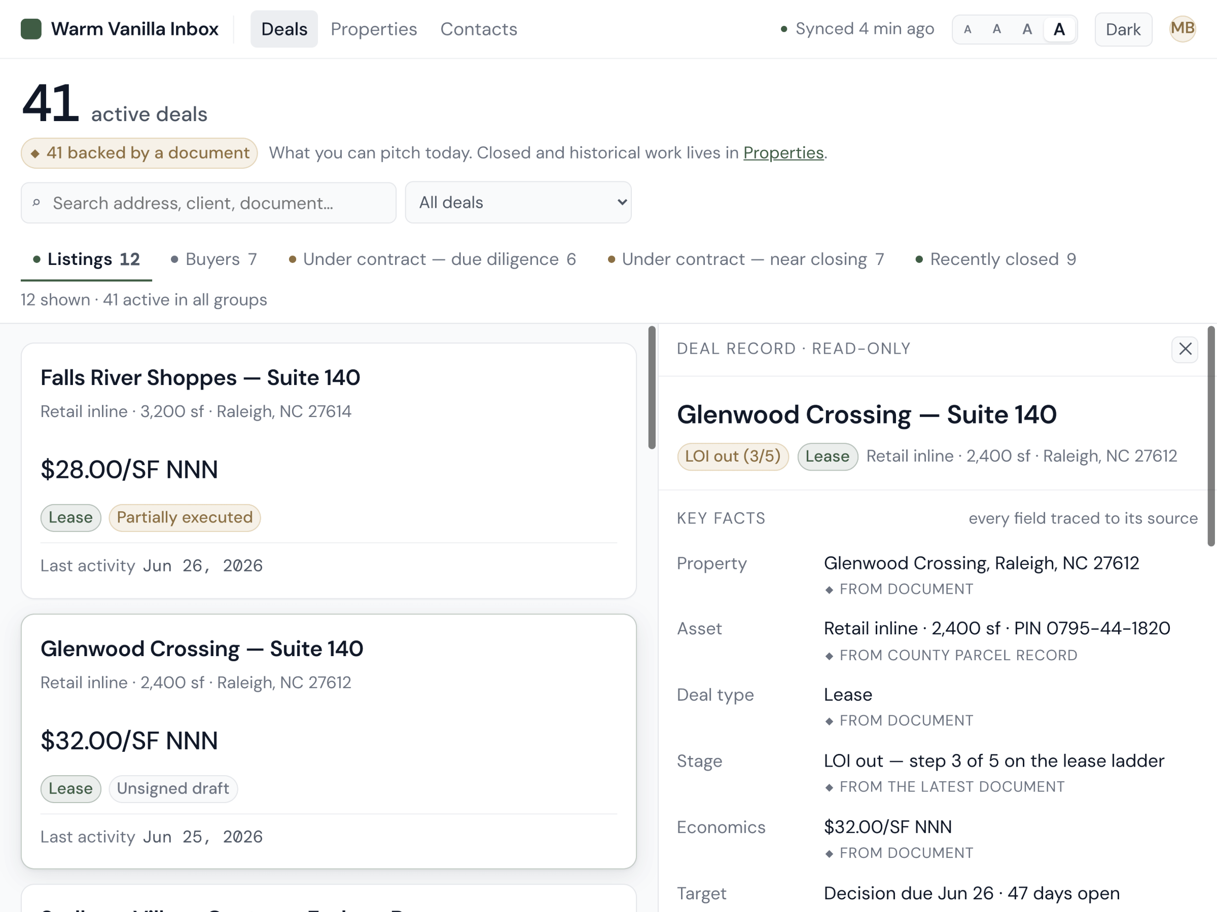 Warm Vanilla Inbox views: deal panel with lifecycle, counterparties, and timeline