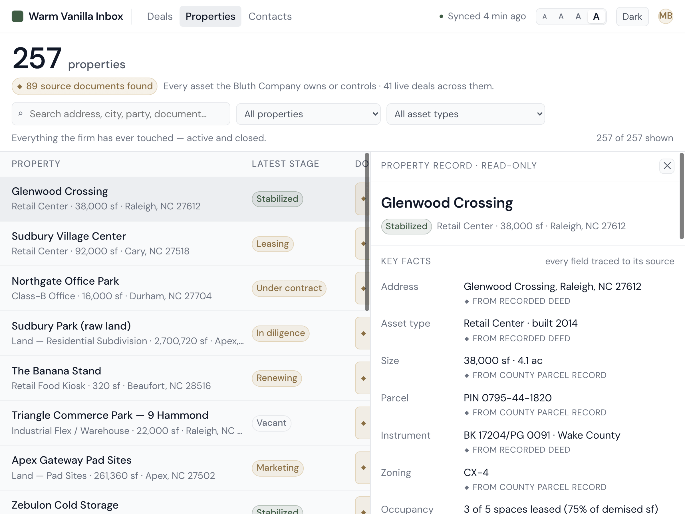 Warm Vanilla Inbox deal panel view with drill-through to counterparties and properties